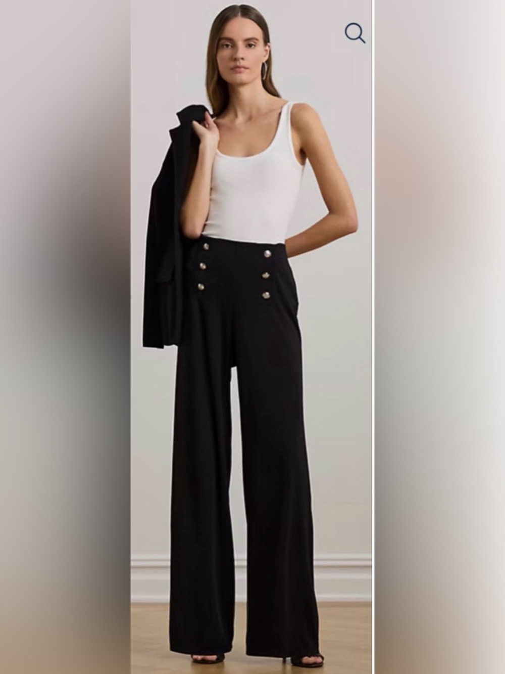 Ralph Lauren Womens Black High Waisted Sailor Gold Button Wide Leg Pants Size 14